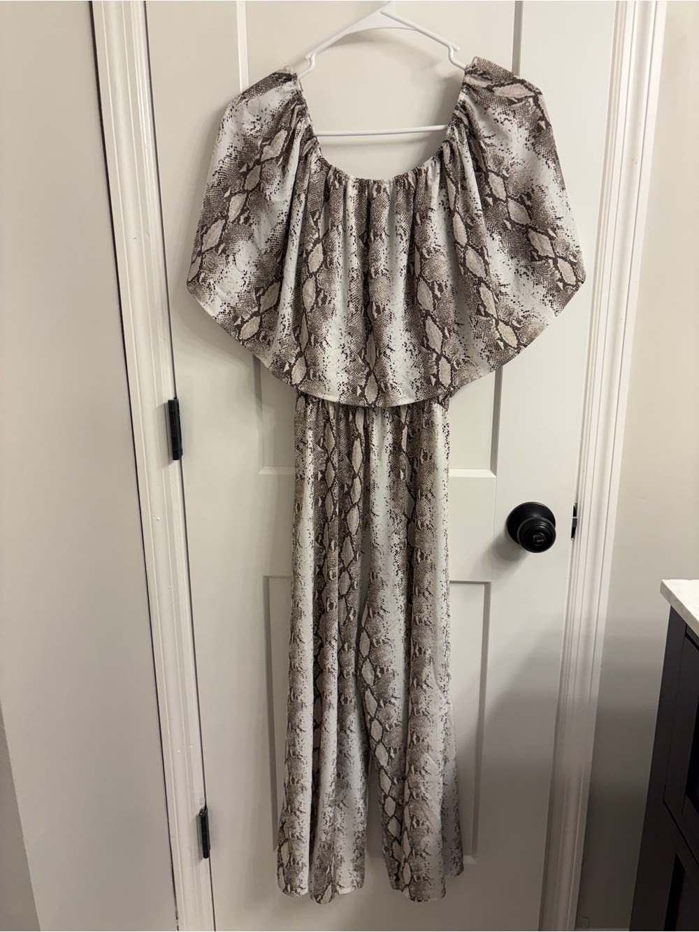 Off-Shoulder Snake Print Maxi Dress in Taupe